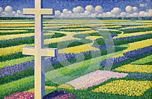 Christian Cross in the middle of flower field. Good Friday Palm Sunday Concept. Ai Generated