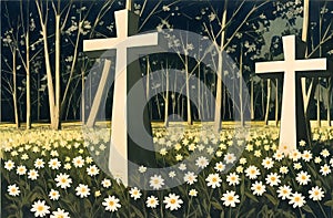 Christian Cross in the middle of flower field. Good Friday Palm Sunday Concept. Ai Generated