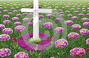 Christian Cross in the middle of flower field. Good Friday Palm Sunday Concept. Ai Generated