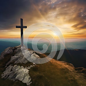 A Christian cross on a mountaintop with a beautiful sunrise. A generative AI image of a peaceful spiritual scene.