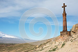 Christian cross near ancient monastery Khor Virap