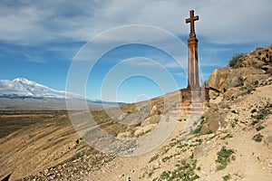 Christian cross near ancient monastery Khor Virap