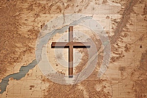 Christian cross on old map background. Cross on the old map. Missionary work
