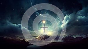 Christian cross outer space beautiful image. Generative AI