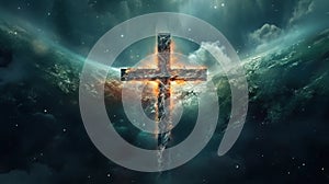 Christian cross outer space beautiful image. Generative AI