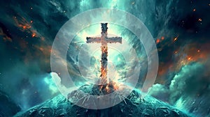 Christian cross outer space beautiful image. Generative AI