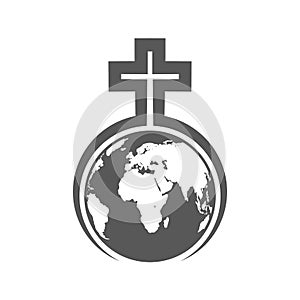 Christian Cross over Globe Earth. Vector illustration