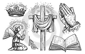 Christian cross, Praying angel, open Holy Bible, Hands in prayer, Crown of the king of God. Religion concept, symbols