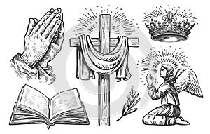 Christian cross, Praying angel, open Holy Bible, Hands in prayer, Crown of the king of God. Religion set sketch