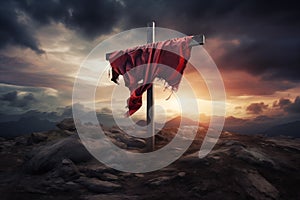 A christian cross with a red cloth, on top of the mountain against sunset light and cloudy sky in a dramatic scenery. Fosus on the