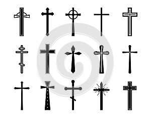 Christian cross set. Catholic church crosses, crucifix silhouette. Gothic graphic objects. Orthodox or baptism religion