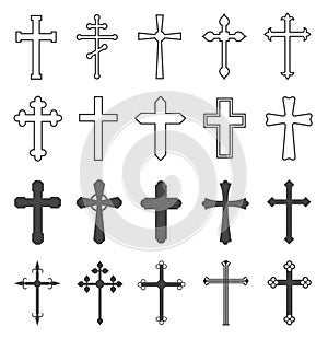 Christian cross set. Catholic and orthodox crucifix crosses. Divine religion, faith pray and church outline vector