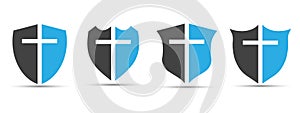 Christian cross and shield of faith. Christian church vector logo. Missionary icon. Religious symbol. Protection, safety