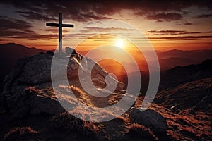 Christian cross silhouette at sunset. Mountain landscape. Easter wallpapers