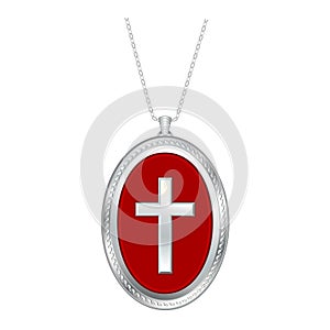 Christian Cross Silver Engraved Lavaliere Necklace, crimson background, Silver Chain