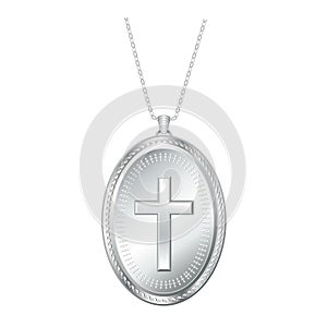 Christian Cross Silver Engraved Lavaliere Necklace, Silver Chain