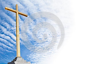 Christian cross with sky background. Religion template or frame.