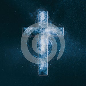 Christian cross symbol. Abstract night sky background.