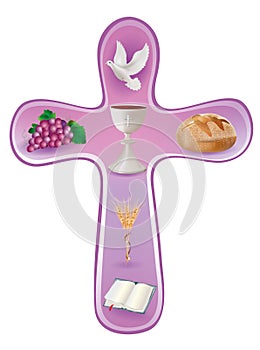 Christian cross symbols - white chalice, grapes, bread, bible, dove, candle, ears of wheat on pink background