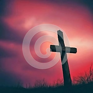 Christian Cross on Top of Hill with Sunrise