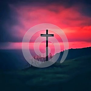 Christian Cross on Top of Hill with Sunrise