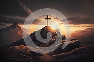 Christian cross on top of a mountain. Sunset landscape. Easter wallpapers