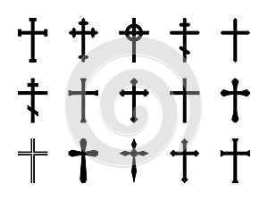 Christian crosses. Catholic, orthodox and celtic cross crucifix. Faith and prayer religious, church sign vector isolated photo