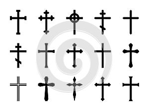 Christian crosses. Catholic, orthodox and celtic cross crucifix. Faith and prayer religious, church sign vector isolated