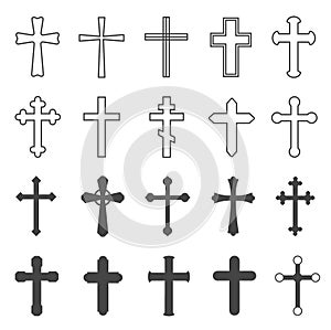 Christian crosses. Decorative crucifix religion catholic symbol, orthodox faith church cross design, isolated flat