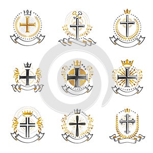 Christian Crosses emblems set. Heraldic Coat of Arms decorative