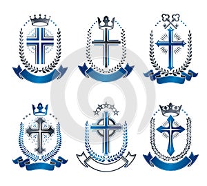 Christian Crosses emblems set. Heraldic vector design elements c