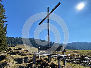 Christian crucifix on the hills and lookouts over the Alptal alpine valley, Einsiedeln - Canton of Schwyz, Switzerland Schweiz