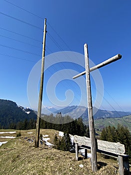 Christian crucifix on the hills and lookouts over the Alptal alpine valley, Einsiedeln - Canton of Schwyz, Switzerland Schweiz