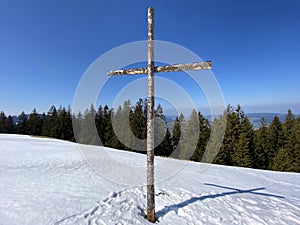 Christian crucifix on the hills and lookouts over the Alptal alpine valley, Einsiedeln - Canton of Schwyz, Switzerland Schweiz