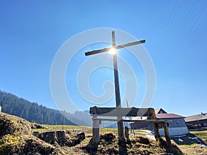 Christian crucifix on the hills and lookouts over the Alptal alpine valley, Einsiedeln - Canton of Schwyz, Switzerland Schweiz