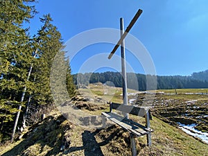 Christian crucifix on the hills and lookouts over the Alptal alpine valley, Einsiedeln - Canton of Schwyz, Switzerland Schweiz