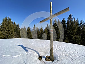 Christian crucifix on the hills and lookouts over the Alptal alpine valley, Einsiedeln - Canton of Schwyz, Switzerland Schweiz