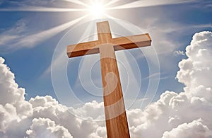 Christian Easter concept with a cross to the light in heaven symbolizing path of faith in Jesus Christ.