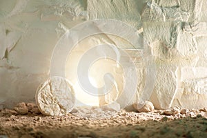 Christian Easter concept. Jesus Christ resurrection. Empty tomb of Jesus with light. Born to Die, Born to Rise. He is photo