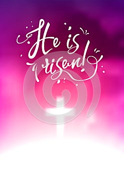 Christian easter scene, Saviour`s cross on dramatic purple abstract background, with text He is risen, illustration