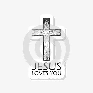 Christian faith, Jesus loves you wooden cross sticker icon