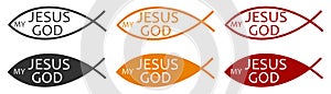 Christian fish Jesus my god icon. Gospel symbol. Sign faith vector