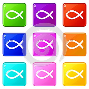 Christian fish symbol icons set 9 color collection