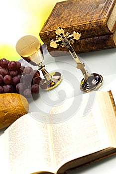 Christian holy communion, bright background, saturated concept