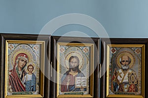 Christian icon of Christ, the mother of God and St. Nicholas the miracle worker, the patron saint of sailors and travelers photo
