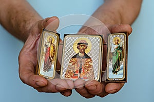 Christian icon of St. Dmitry Donskoy and the Archangels Gabriel and Michael in their hands