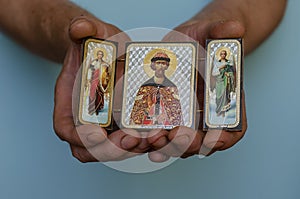 Christian icon of St. Dmitry Donskoy and the Archangels Gabriel and Michael in their hands