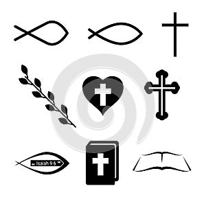 Christian Icons or Symbols. Fish, Cross, Heart, Wine and Holy Bible. Vector Design Elements Set for You Design