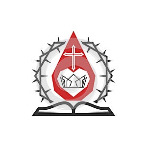 Christian illustration. Church logo. Blood of Christ, Holy Scripture and a crown of thorns