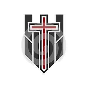 Christian illustration. Church logo. Cross on the background of the shield-fortress